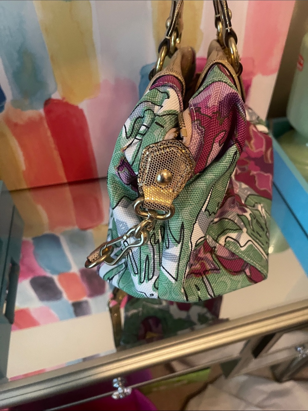 Coach Floral Canvas Satchel with Gold Leather Trim - Picture 8 of 10